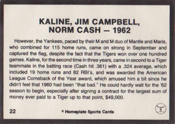 1983 Al Kaline Story #22 Kaline, Jim Campbell, Norm Cash - 1962 Back