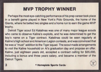 1983 Al Kaline Story #3 MVP Trophy Winner Back