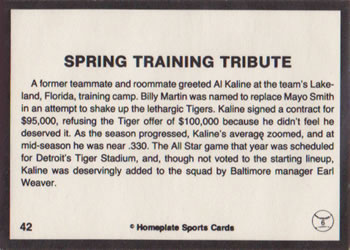 1983 Al Kaline Story #42 Spring Training Tribute Back