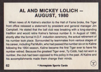 1983 Al Kaline Story #62 Al and Mickey Lolich - August, 1980 Back