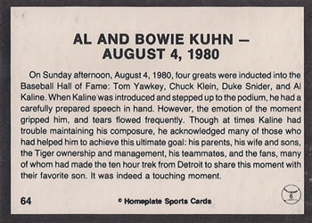 1983 Al Kaline Story #64 Al and Bowie Kuhn - August 4, 1980 Back