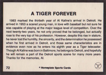 1983 Al Kaline Story #72 A Tiger Forever  Back