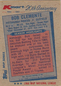 1982 Topps Kmart 20th Anniversary #10 Bob Clemente Back
