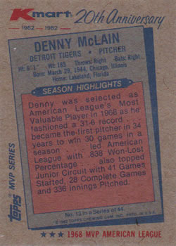1982 Topps Kmart 20th Anniversary #13 Denny McLain Back