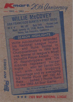 1982 Topps Kmart 20th Anniversary #16 Willie McCovey Back