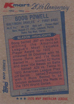 1982 Topps Kmart 20th Anniversary #17 Boog Powell Back