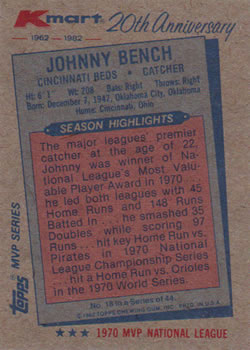 1982 Topps Kmart 20th Anniversary #18 Johnny Bench Back