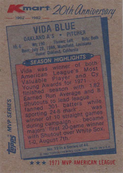 1982 Topps Kmart 20th Anniversary #19 Vida Blue Back