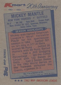 1982 Topps Kmart 20th Anniversary #1 Mickey Mantle Back