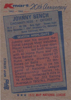 1982 Topps Kmart 20th Anniversary #22 Johnny Bench Back