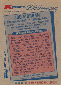 1982 Topps Kmart 20th Anniversary #28 Joe Morgan Back
