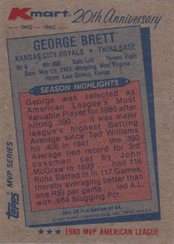 1982 Topps Kmart 20th Anniversary #38 George Brett Back