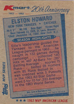 1982 Topps Kmart 20th Anniversary #3 Elston Howard Back