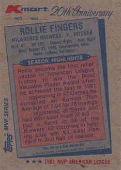 1982 Topps Kmart 20th Anniversary #40 Rollie Fingers Back