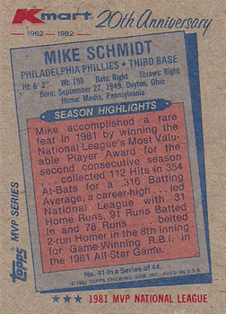1982 Topps Kmart 20th Anniversary #41 Mike Schmidt Back