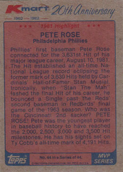 1982 Topps Kmart 20th Anniversary #44 Pete Rose Back