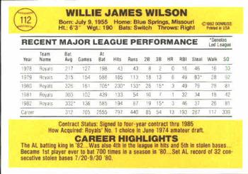 1983 Donruss #112 Willie Wilson Back