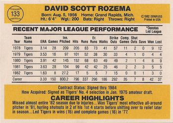 1983 Donruss #133 Dave Rozema Back