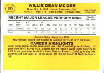 1983 Donruss #190 Willie McGee Back