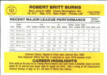 1983 Donruss #193 Britt Burns Back