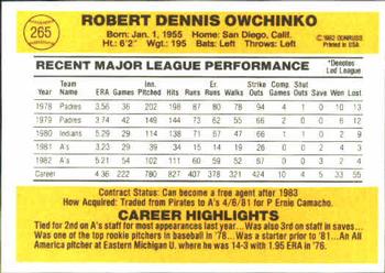 1983 Donruss #265 Bob Owchinko Back