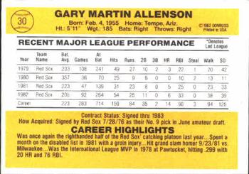 1983 Donruss #30 Gary Allenson Back