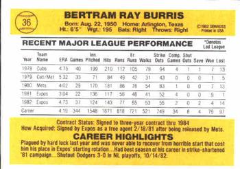 1983 Donruss #36 Ray Burris Back