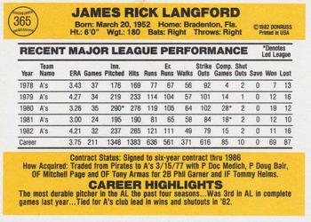 1983 Donruss #365 Rick Langford Back