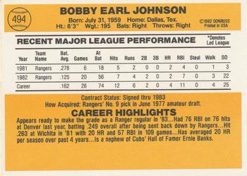 1983 Donruss #494 Bobby Johnson Back