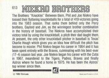 1983 Donruss #613 Niekro Brothers (Phil Niekro / Joe Niekro) Back