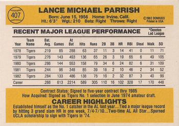 1983 Donruss #407 Lance Parrish Back