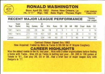 1983 Donruss #431 Ron Washington Back