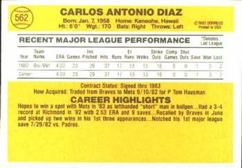 1983 Donruss #562 Carlos Diaz Back