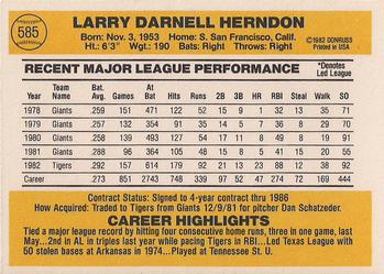1983 Donruss #585 Larry Herndon Back