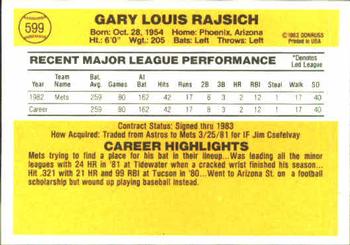 1983 Donruss #599 Gary Rajsich Back