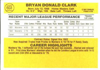 1983 Donruss #603 Bryan Clark Back