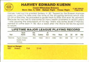 1983 Donruss #608 Harvey Kuenn Back