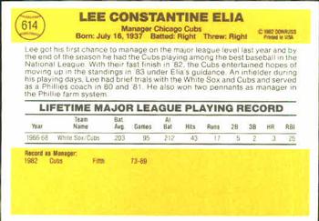 1983 Donruss #614 Lee Elia Back