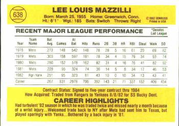 1983 Donruss #638 Lee Mazzilli Back