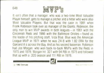 1983 Donruss #648 MVP's (Frank Robinson / Vida Blue / Joe Morgan) Back