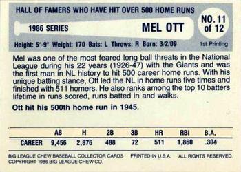 1986 Big League Chew Home Run Legends #11 Mel Ott Back