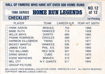 1986 Big League Chew Home Run Legends #12 500 HR Members Back