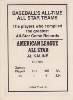 1984 TCMA All-Time All Stars #NNO Al Kaline Back