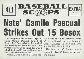 1961 Nu-Cards Baseball Scoops #411 Camilo Pascual   Back