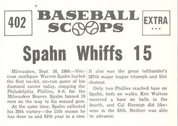 1961 Nu-Cards Baseball Scoops #402 Warren Spahn   Back