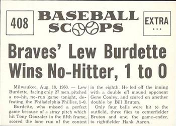 1961 Nu-Cards Baseball Scoops #408 Lew Burdette   Back