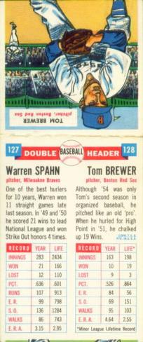 1955 Topps Double Header #127-128 Warren Spahn / Tom Brewer Back