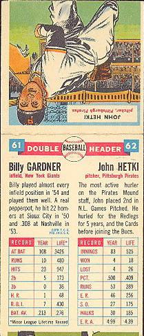 1955 Topps Double Header #61-62 Billy Gardner / John Hetki Back