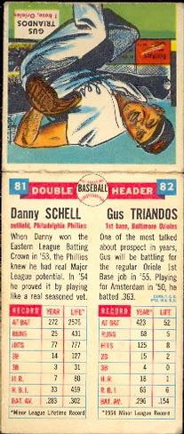 1955 Topps Double Header #81-82 Danny Schell / Gus Triandos Back