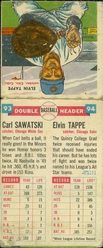 1955 Topps Double Header #93-94 Carl Sawatski / Elvin Tappe Back